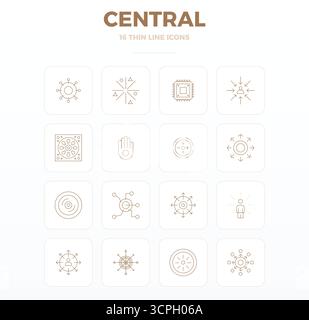 Verwandeln Sie Ihre Designs mit 16 dünnen Konturvektorsymbolen rund um Central, die in einer perfekten Auflösung von 128x128 PIXELN für maximale Klarheit entwickelt wurden. Stock Vektor