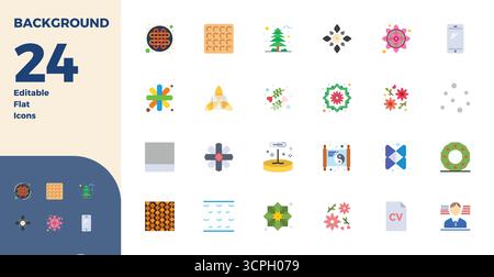 Umfassendes Paket mit 24 Vektorsymbolen im flachen Design für den Hintergrund, in gestochen scharfer Qualität mit 128x128 PIXELN. Stock Vektor