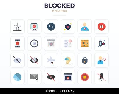 Optimierter Satz von 24 Vektorsymbolen für die Ästhetik von Blocked in Minimal Flat, mit einer perfekten Auflösung von 128x128 PIXELN für ein nahtloses Benutzererlebnis. Stock Vektor