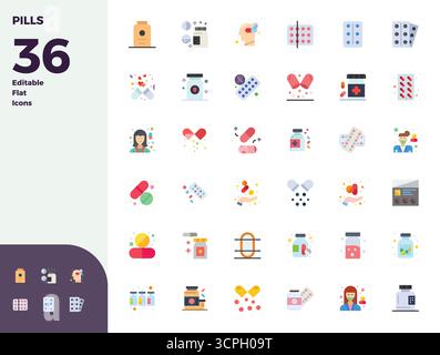 Intelligent gestaltete 36 PIXEL perfekte Vektorsymbole, inspiriert von Pillen, erstellt im flachen Format bei 128x128 für intelligente und effiziente Design-Workflows. Stock Vektor