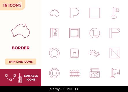 Dieses Border Vector Icon Paket enthält 16 Minimal Line Designs im perfekten Format mit 128x128 PIXELN, perfekt für die Verbesserung digitaler Schnittstellen. Stock Vektor