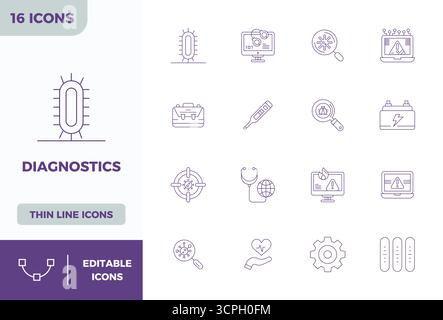 Umfassendes Paket mit 16 Vektorsymbolen im Minimal Line-Design für die Diagnose, in gestochen scharfer Qualität mit 128x128 PIXELN. Stock Vektor