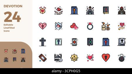 Exklusive Sammlung von 24 Duotone-Vektorsymbolen für Devotion, entwickelt mit einer perfekten Auflösung von 128x128 PIXELN für erstklassige Markenerlebnisse. Stock Vektor