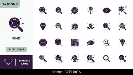 Ultimative Sammlung von 24 Vektorsymbolen, die Find in gefüllter Ästhetik darstellen, optimiert mit einer perfekten Auflösung von 128x128 PIXELN für maximale Wirkung. Stock Vektor