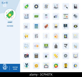 Innovatives Paket mit 42 Vektorsymbolen rund um Kosten, das flache Design im perfekten Format mit 128x128 PIXELN für moderne digitale Lösungen präsentiert. Stock Vektor
