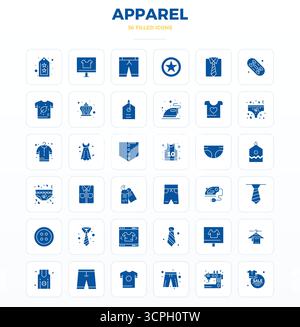 Satz von 36 SolidFill PIXEL Perfect Vektor-Symbolen rund um Bekleidung, in 128x128 Auflösung für nahtlose Integration in Apps und Websites. Stock Vektor