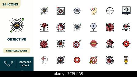 Kunstvoll gestaltete 24 flache lineare FARBPIXEL perfekte Vektorsymbole für Objektive im Format 128x128 für konsistente visuelle Exzellenz. Stock Vektor