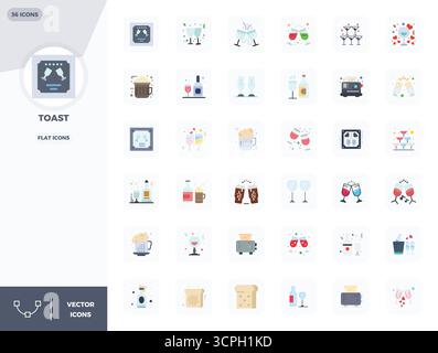 Ein dynamischer Satz von 36 Vektorsymbolen in Flat, speziell für Toast mit 128x128 PIXELN, perfekt für digitale Produkte geeignet. Stock Vektor