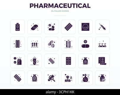 Außergewöhnliche Sammlung von 24 SolidFill Vektorsymbolen für die Pharmazie, geliefert in einer perfekten Auflösung von 128x128 PIXELN für unvergleichliche visuelle Exzellenz Stock Vektor