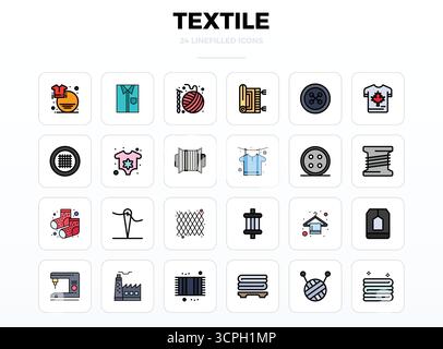 Diese Kollektion bietet 24 perfekt-Vektorsymbole für LineFill-PIXEL, die speziell auf das Textil-Thema zugeschnitten sind und im Format 128x128 für digitales Design optimiert sind. Stock Vektor