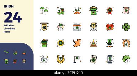 Sammlung von 24 perfekt-Vektorsymbolen mit Duotone-PIXELN für Irisch im Format 128x128 für Klarheit und Vielseitigkeit. Stock Vektor