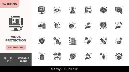 Eine übersichtliche Sammlung von 24 gefüllten Vektorsymbolen, die den Virenschutz darstellen, im perfekten Format mit 128x128 PIXELN für moderne Dashboards und Interfa Stock Vektor