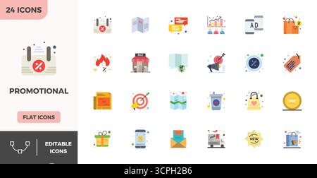 Professionelle Sammlung von 24 flachen Farbvektorsymbolen, die Promotional darstellen, gefertigt mit 128x128 PIXELN, perfekter Präzision für Enterprise-Anwendungen Stock Vektor