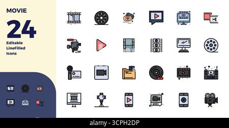 Handgefertigte Kollektion mit 24 Duotone-Vektorsymbolen für Filme, optimiert in einer perfekten Auflösung von 128x128 PIXELN für erstklassige digitale Erlebnisse. Stock Vektor
