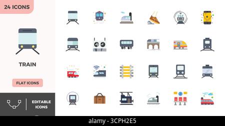 Sorgfältig gefertigte 24 Flat Color Vector Icons für Train, geliefert in 128x128 PIXEL perfekter Qualität für kompromisslose Designstandards. Stock Vektor