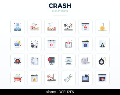 Eine übersichtliche Sammlung von 24 minimalen flachen Vektorsymbolen, die Crash darstellen, im perfekten Format mit 128x128 PIXELN für moderne Dashboards und Schnittstellen. Stock Vektor