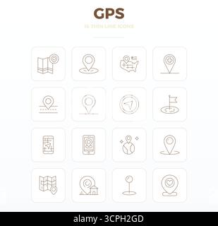 Durchdacht gestaltete 16 Vektorsymbole rund um GPS, in dünner Kontur mit 128 x 128 PIXELN, perfekt für moderne Designanforderungen. Stock Vektor