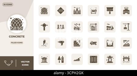 Sammlung von Perfect Vektorsymbolen für Beton mit 24 gefüllten PIXELN im Format 128x128 für Klarheit und Vielseitigkeit. Stock Vektor