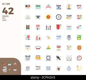 Umfassendes Paket mit 42 Vektorsymbolen im flachen Design für Event, in gestochen scharfer Qualität mit 128 x 128 PIXELN. Stock Vektor