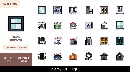 Optimieren Sie Ihre Projekte mit 24 flachen linearen Farbvektorsymbolen, die rund um Real Estate stehen, mit einer perfekten Auflösung von 128x128 PIXELN, ideal für saubere und Stock Vektor