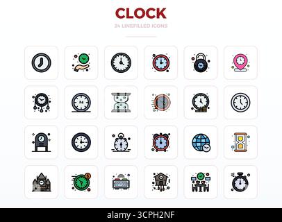 Essential Pack mit 24 PIXEL Perfect Vektorsymbolen für Uhr im LineFill-Format, Größe 128x128 für optimale Leistung und Skalierbarkeit. Stock Vektor