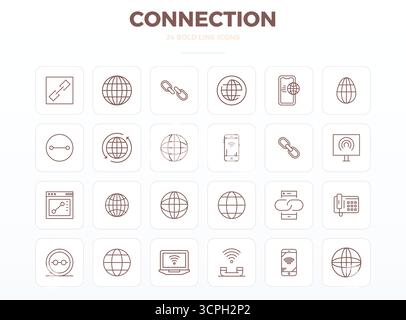 Die ultimative Sammlung von 24 Vektorsymbolen, die Verbindungssymbole in starker Outline-Ästhetik darstellen, optimiert mit einer perfekten Auflösung von 128x128 PIXELN für m Stock Vektor