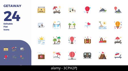 Sorgfältig gefertigte 24 flache Vektorsymbole für Getaway, in perfekter Qualität mit 128x128 PIXELN für kompromisslose Designstandards. Stock Vektor