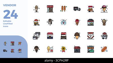 Unverkennbares Paket mit 24 PIXEL Perfect Vektor-Ikonen, inspiriert von Vendor, im Duotone-Format bei 128x128 für unvergessliche Markenerlebnisse. Stock Vektor