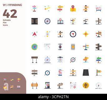 Ein vielseitiger Satz von 42 Flat PIXEL Perfect Vektorsymbolen, die sich auf die Wayfinding konzentrieren, geliefert im gestochen scharfen Format 128x128, ideal für mobile und Web-Anwendungen. Stock Vektor