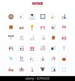Zeitgenössische Sammlung von 36 Vektorsymbolen, die Wein in minimaler Flat-Ästhetik darstellen, mit 128x128 PIXELN perfekter Auflösung für moderne Anwendungen Stock Vektor