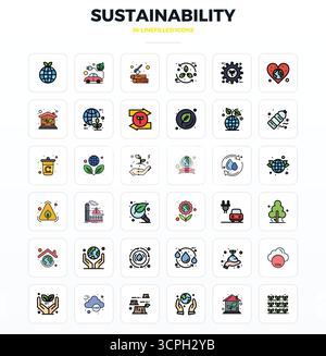 Kunstvoll gestaltete 36 LineFill PIXEL Perfect Vector Icons for Sustainability, im Format 128x128 für konsistente visuelle Exzellenz. Stock Vektor