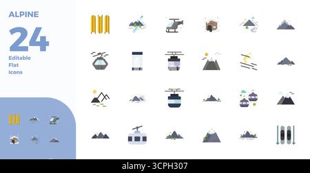 Optimieren Sie Ihre Projekte mit 24 flachen Vektorsymbolen rund um Alpine, mit einer perfekten Auflösung von 128x128 PIXELN, ideal für saubere und professionelle Desi Stock Vektor