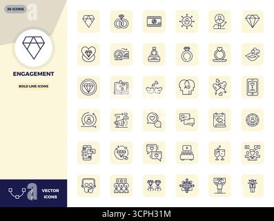 Außergewöhnliche Sammlung von 36 Bold-Line-Vektor-Symbolen für Engagement, mit einer perfekten Auflösung von 128x128 PIXELN für unvergleichliche visuelle Exzellenz a Stock Vektor