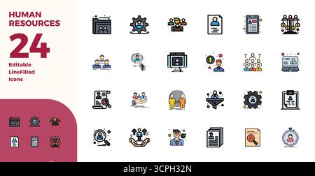 Entdecken Sie 24 perfekte Vektorsymbole mit Duotone PIXELN in einer Auflösung von 128x128, inspiriert von Human Resources. Perfekt für Web- und App-Schnittstellen. Stock Vektor