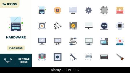 Vektorpaket mit 24 Flat Color PIXEL Perfect Icons, inspiriert von Hardware, geliefert in einer Auflösung von 128x128, ideal für skalierbare und kreative Designarbeiten. Stock Vektor