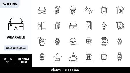 Revolutionärer Satz von Perfect Vektorsymbolen mit 24 PIXELN, inspiriert von Wearable, im Heavy Line-Format mit einer Auflösung von 128x128 für modernstes Design. Stock Vektor