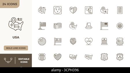Leistungsstarke Sammlung von 24 Heavy Line Vektor-Symbolen für die USA, entwickelt mit einer perfekten Auflösung von 128x128 PIXELN für ein optimales Design der Benutzeroberfläche. Stock Vektor
