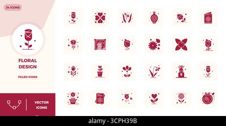 Optimierter Satz von 24 Vektorsymbolen für Blumendesign in gefüllter Ästhetik mit einer perfekten Auflösung von 128x128 PIXELN für nahtlose Benutzererfahrungen. Stock Vektor