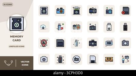 Unverkennbare 24 PIXEL Perfect Vektor-Symbole, inspiriert von der Speicherkarte, im LineFilled-Format bei 128 x 128 für unvergessliche Markenerlebnisse. Stock Vektor