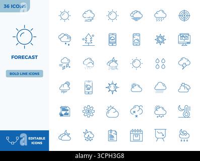 Hochwertige Sammlung von 36 Heavy Line Vektor-Symbolen für Forecast, akribisch in einer perfekten Auflösung von 128x128 PIXELN für überragende visuelle Wirkung. Stock Vektor