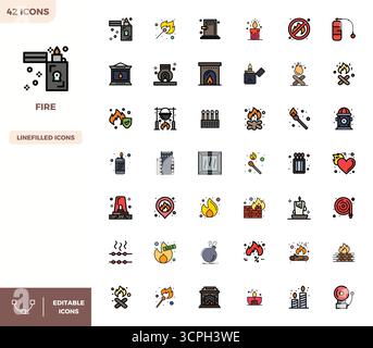 Revolutionärer Satz von 42 PIXEL Perfect Vektor-Symbolen, inspiriert von Feuer, im flachen Lineal Color-Format mit 128x128 Auflösung für modernes Design Stock Vektor