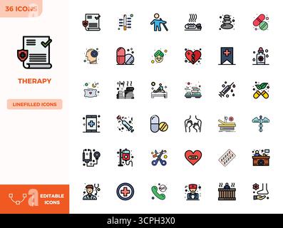 Wunderschön gerenderte 36 flache lineare FARBPIXEL perfekte Vektorsymbole für die Therapie, erstellt mit einer Auflösung von 128x128 für beeindruckende visuelle Konsistenz Stock Vektor