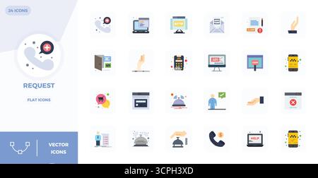 Eine übersichtliche Sammlung von 24 flachen Vektorsymbolen, die Request repräsentieren, im perfekten Format mit 128x128 PIXELN für moderne Dashboards und Schnittstellen. Stock Vektor