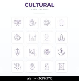 Innovatives Paket mit 16 Vektorsymbolen rund um das Thema Kultur, das Thin Outline Design im perfekten Format mit 128x128 PIXELN für moderne digitale Lösungen präsentiert Stock Vektor