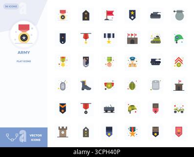 Erstklassige Sammlung von 36 flachen Vektorsymbolen für Army, akribisch in einer perfekten Auflösung von 128x128 PIXELN für überragende visuelle Wirkung gefertigt. Stock Vektor