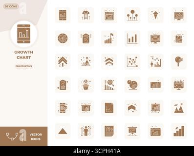 Außergewöhnliche Sammlung von 36 gefüllten Vektorsymbolen für Wachstumsdiagramm, mit einer perfekten Auflösung von 128x128 PIXELN für unvergleichliche visuelle Exzellenz und Stock Vektor