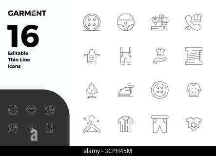 Dieser Satz von 16 Thin Line Vektorsymbolen erfasst Kleidungsstücke in perfekter Qualität mit 128x128 PIXELN, perfekt für technische und geschäftliche Anwendungen. Stock Vektor