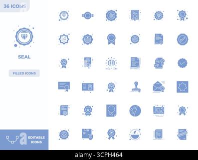 Handgefertigte Kollektion mit 36 gefüllten Vektorsymbolen für Seal, optimiert in einer Auflösung von 128x128 PIXELN für erstklassige digitale Erlebnisse. Stock Vektor