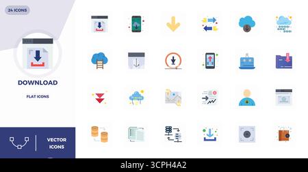 Verwandeln Sie Ihre Designs mit 24 flachen Vektorsymbolen rund um Download, entwickelt in einer perfekten Auflösung von 128x128 PIXELN für maximale Klarheit. Stock Vektor
