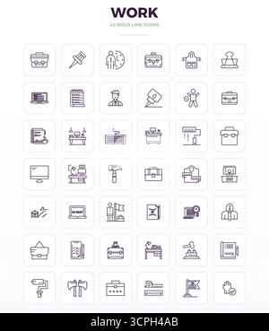 Ausgeklügeltes Paket mit 42 starken Konturvektorsymbolen für die Arbeit, entwickelt mit 128x128 PIXELN perfekte Klarheit für professionelle Anwendungen. Stock Vektor